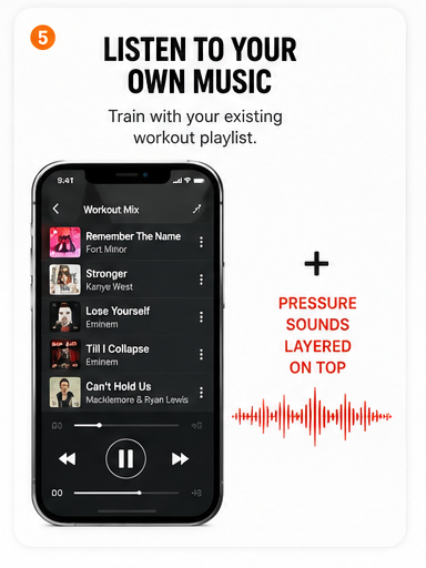 Listen to your own music — train with your existing workout playlist while pressure sounds layer on top.