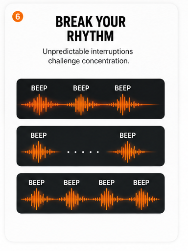 Break your rhythm — unpredictable beep interruptions challenge concentration.