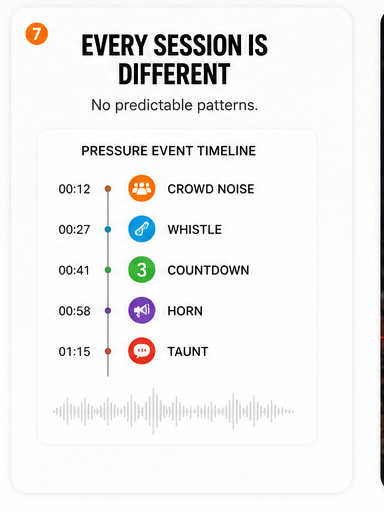 Every session is different — a pressure event timeline showing crowd noise, whistle, countdown, horn and trash talk with no predictable pattern.